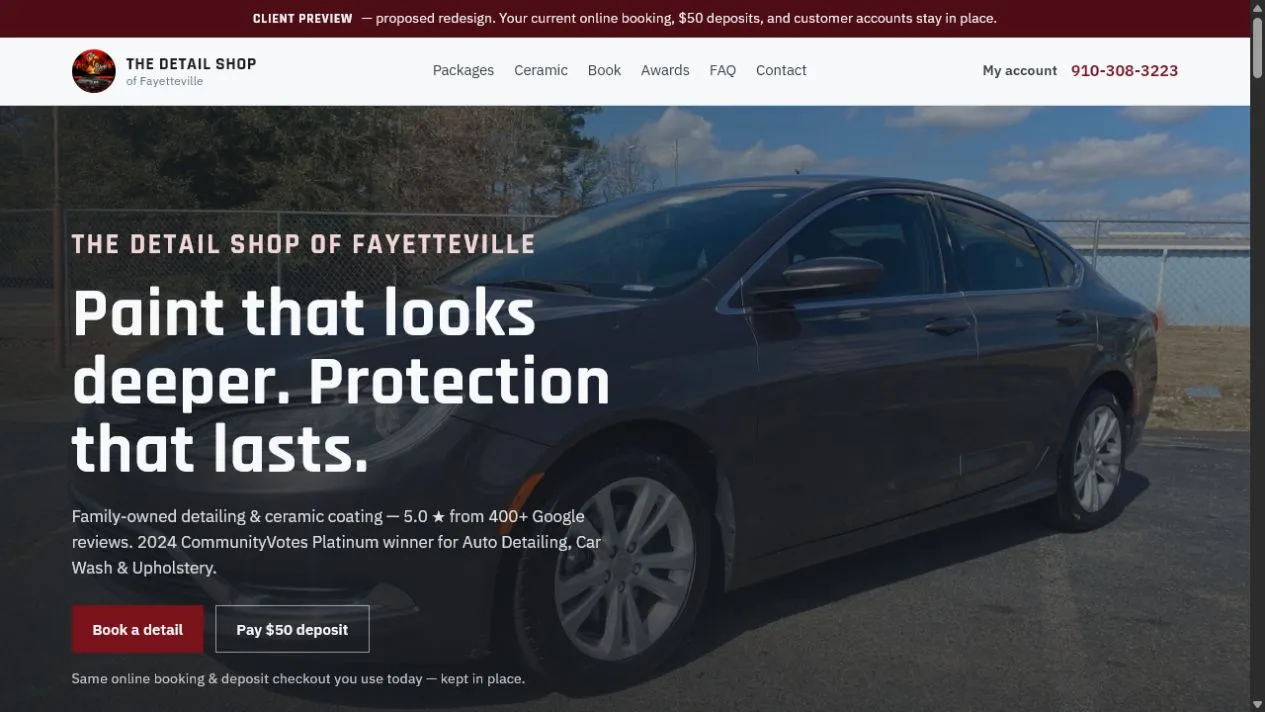 The Detail Shop of Fayetteville independent website design concept