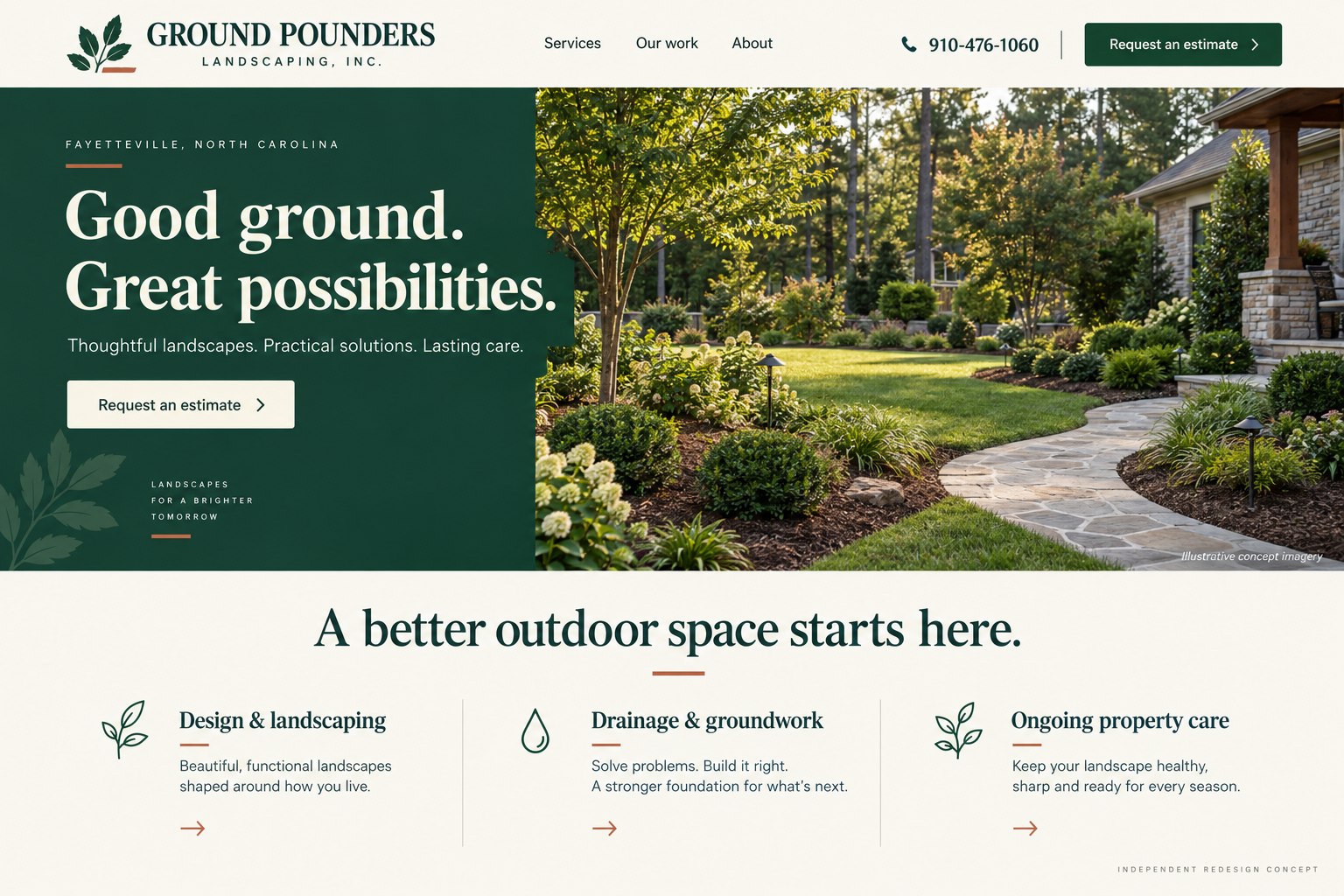 Generated design concept with forest-green hero, large serif headline, and three service categories