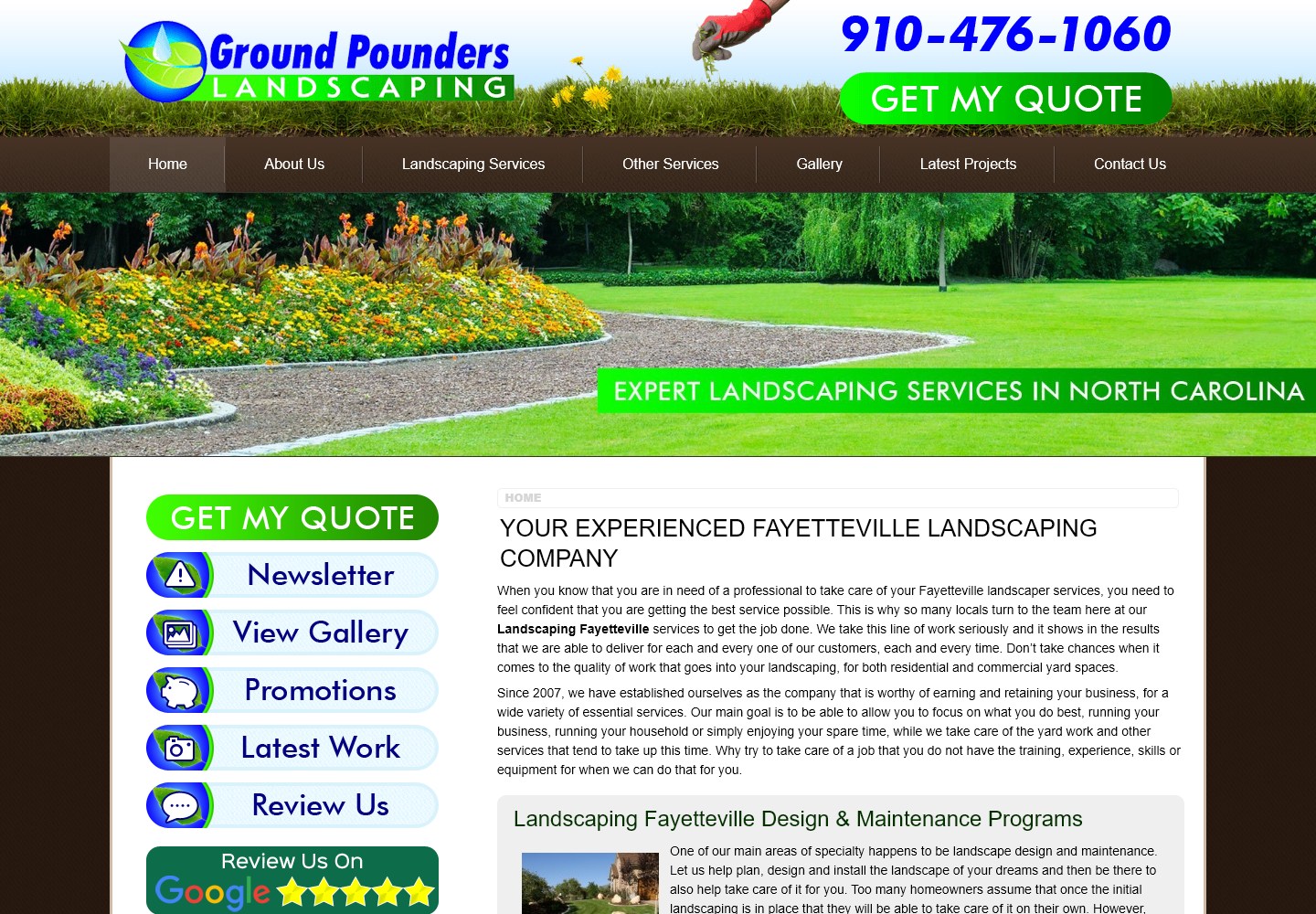 Current website with image-based quote buttons, sidebar links, and a long text introduction