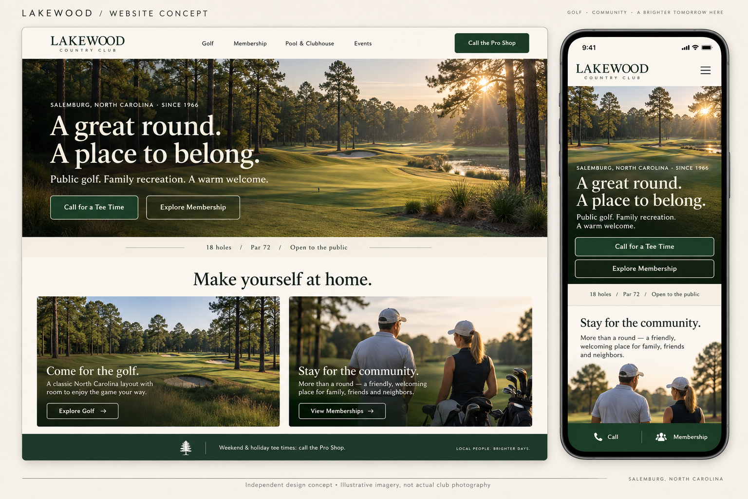 Original desktop and mobile design concept with forest green, cream and illustrative golf imagery