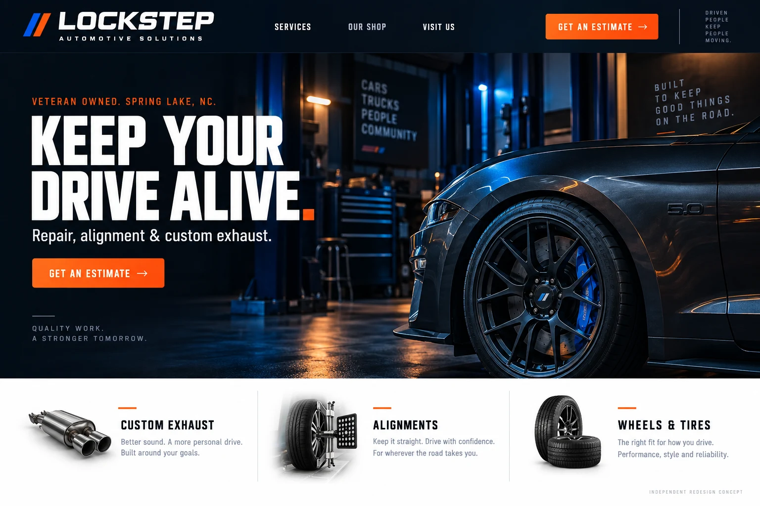 Generated design direction showing a dark automotive homepage with orange estimate button and three service groups