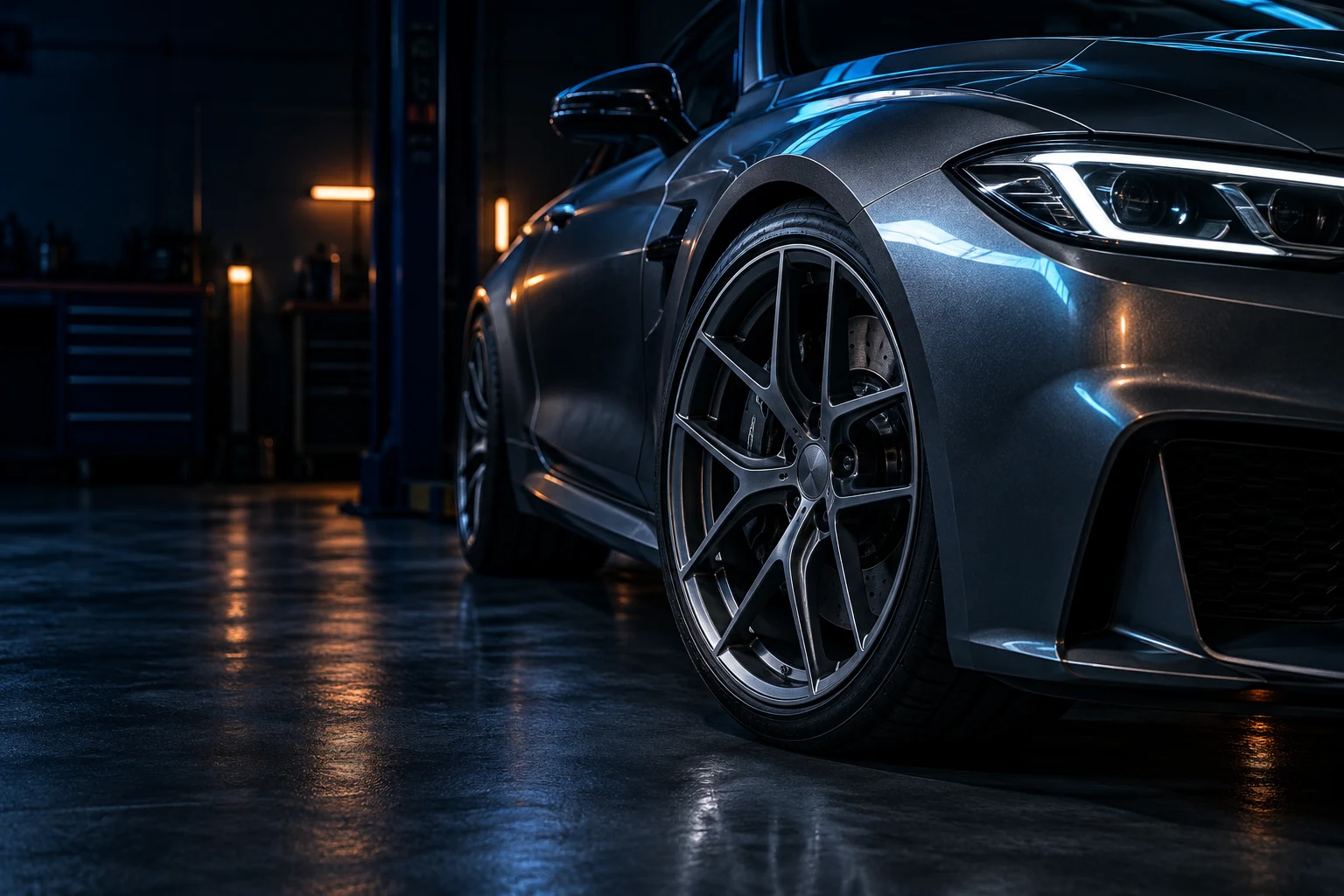 Illustrative concept of a sports car in a workshop; not the actual Lockstep shop